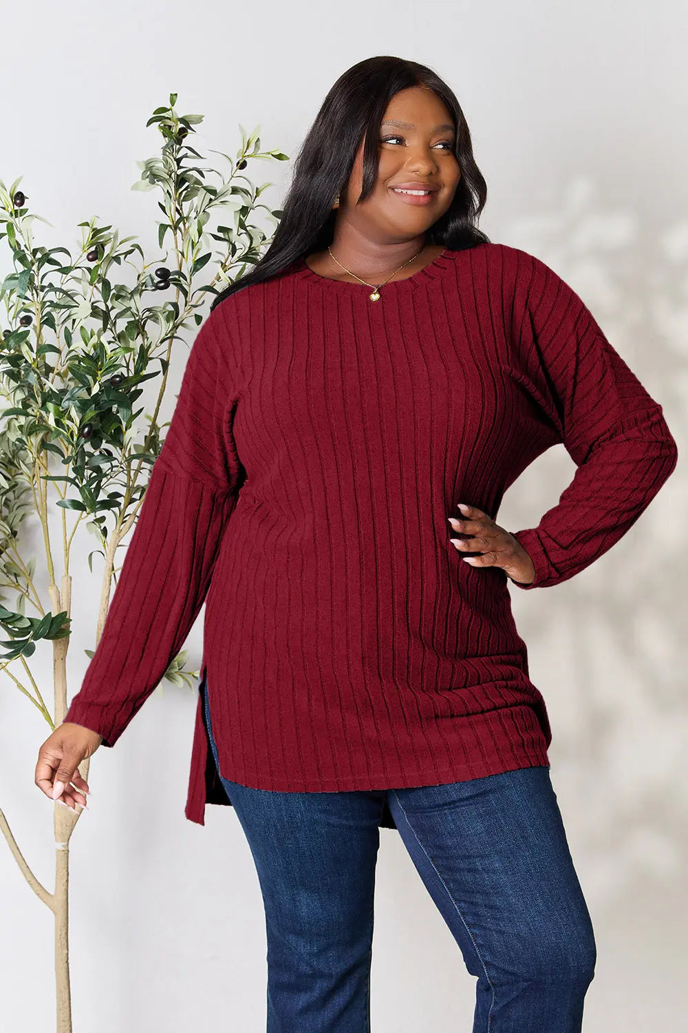 basic-bae-full-size-ribbed-round-neck-long-sleeve-slit-top image 10