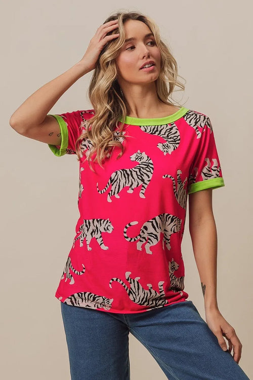 BiBi Big Tiger Print Jersey Contrast Ringer Top