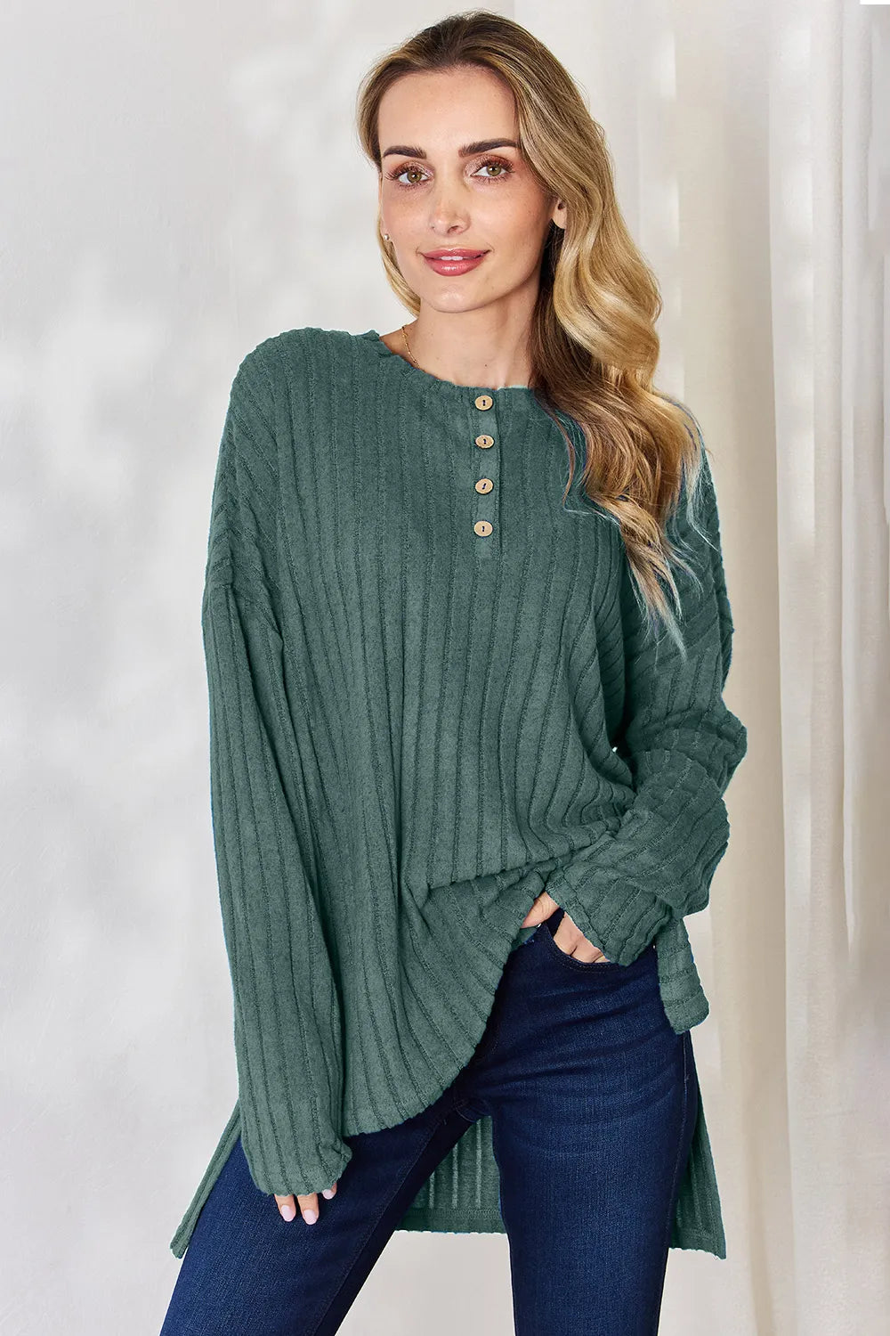 basic-bae-full-size-ribbed-half-button-long-sleeve-high-low-t-shirt image 8