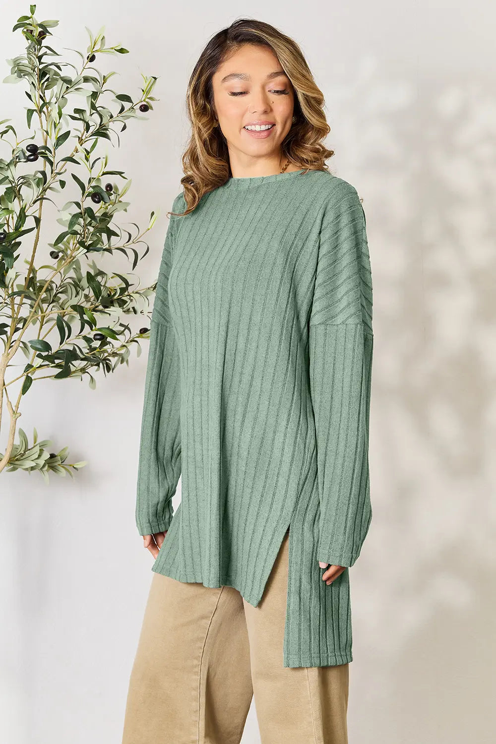 basic-bae-full-size-ribbed-round-neck-long-sleeve-slit-top image 33