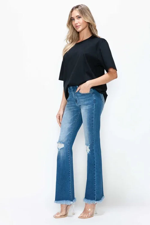 bytos-full-size-raw-hem-distressed-high-rise-bootcut-jeans Image 2