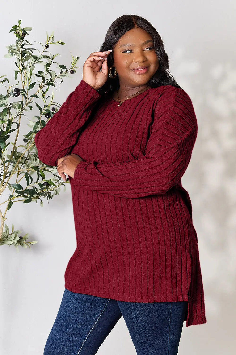basic-bae-full-size-ribbed-round-neck-long-sleeve-slit-top image 9