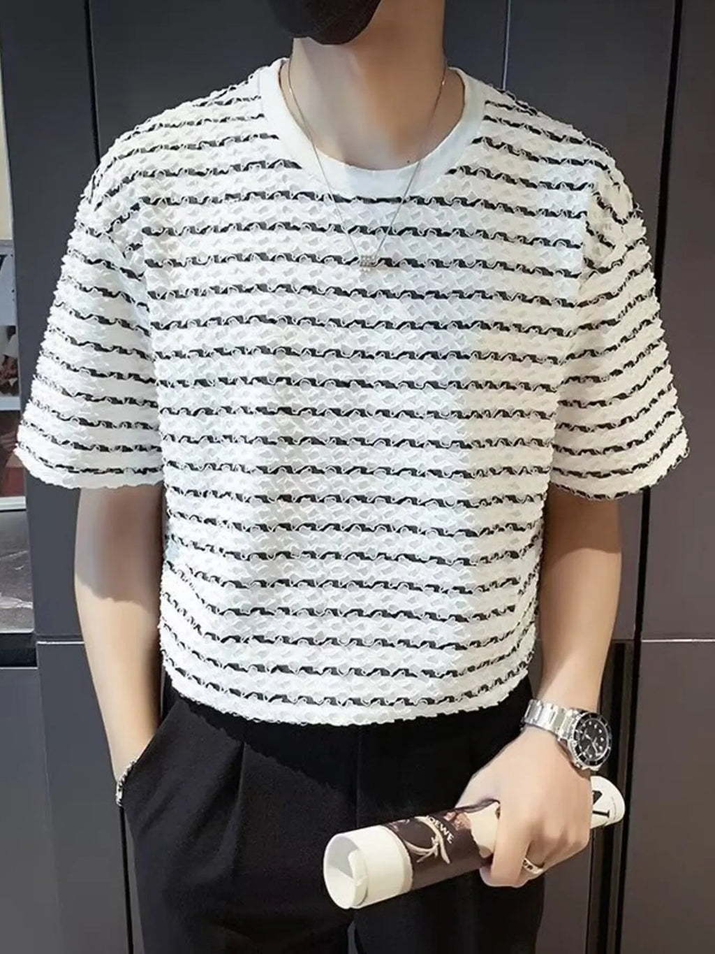 Men's Plus Size Casual Striped Wave Pattern Short Sleeve T-Shirt | Tampa Bay Discounts