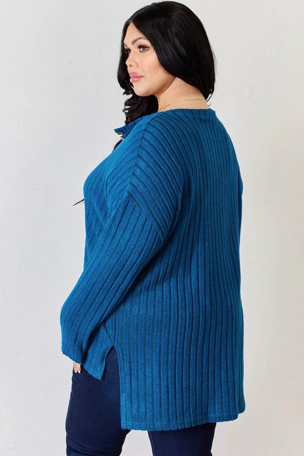 basic-bae-full-size-ribbed-half-button-long-sleeve-high-low-t-shirt image 7