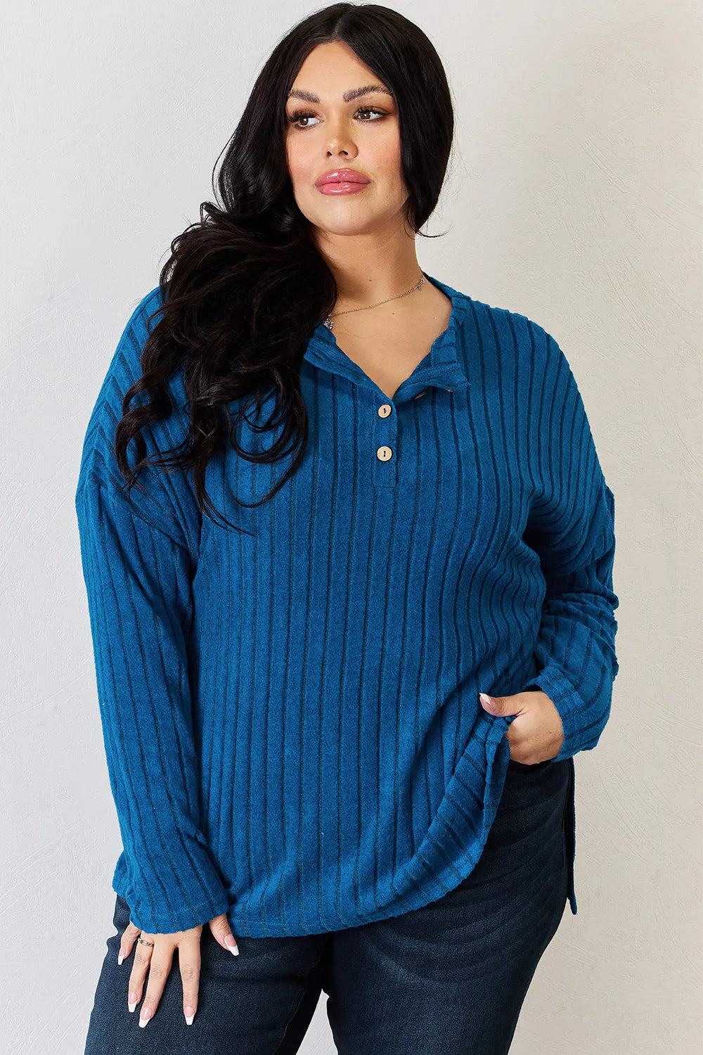 basic-bae-full-size-ribbed-half-button-long-sleeve-high-low-t-shirt image 4