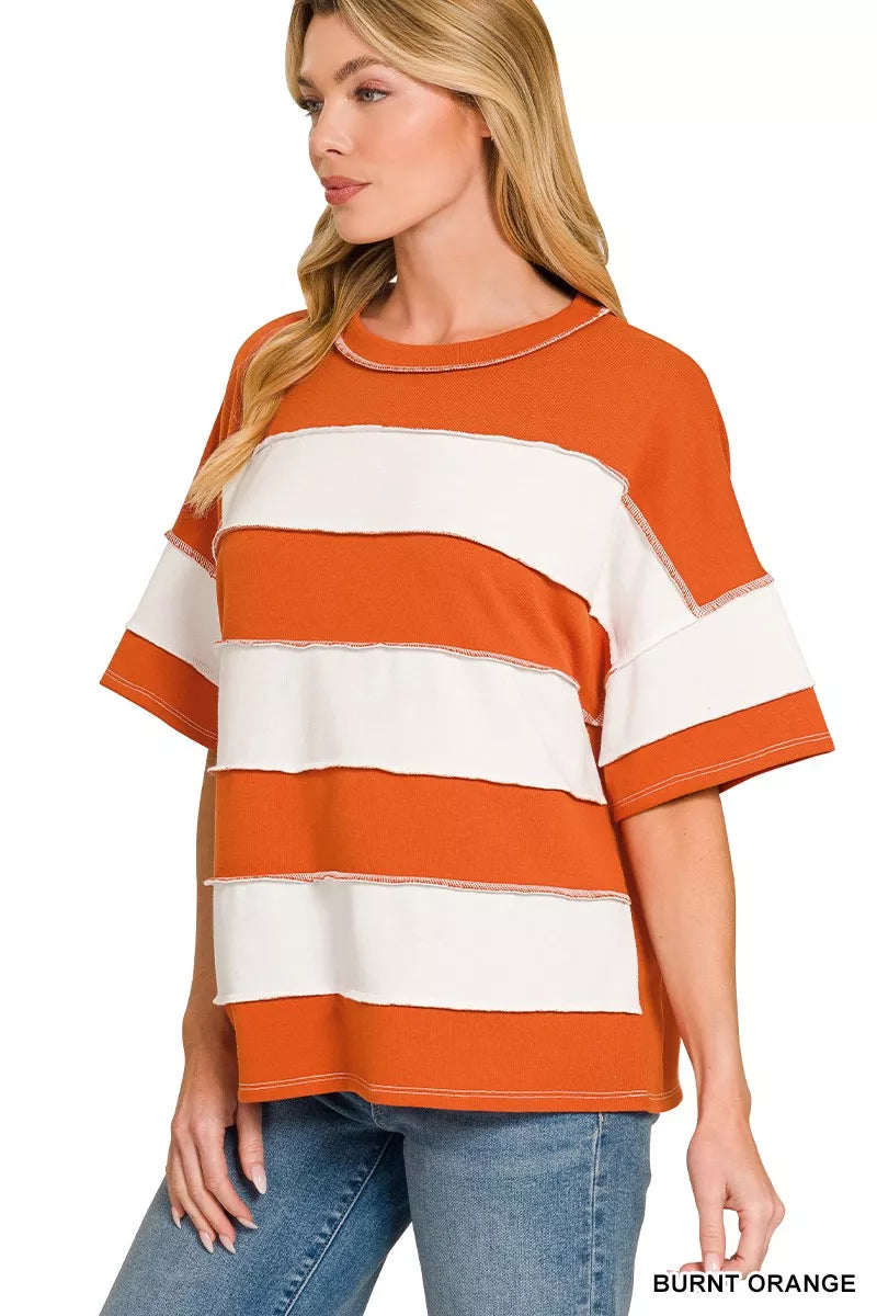 zenana-french-terry-striped-exposed-seam-top-1 image 2