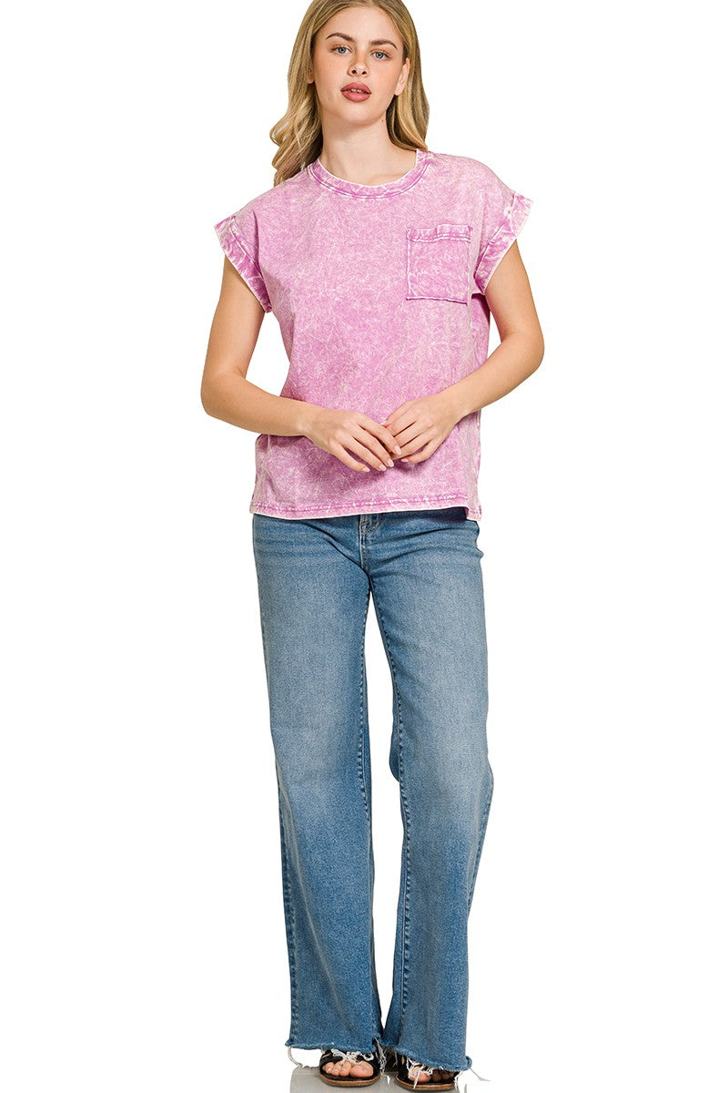 zenana-full-size-crinkle-washed-round-neck-folded-short-sleeve-tee-plus-size-2 image 2