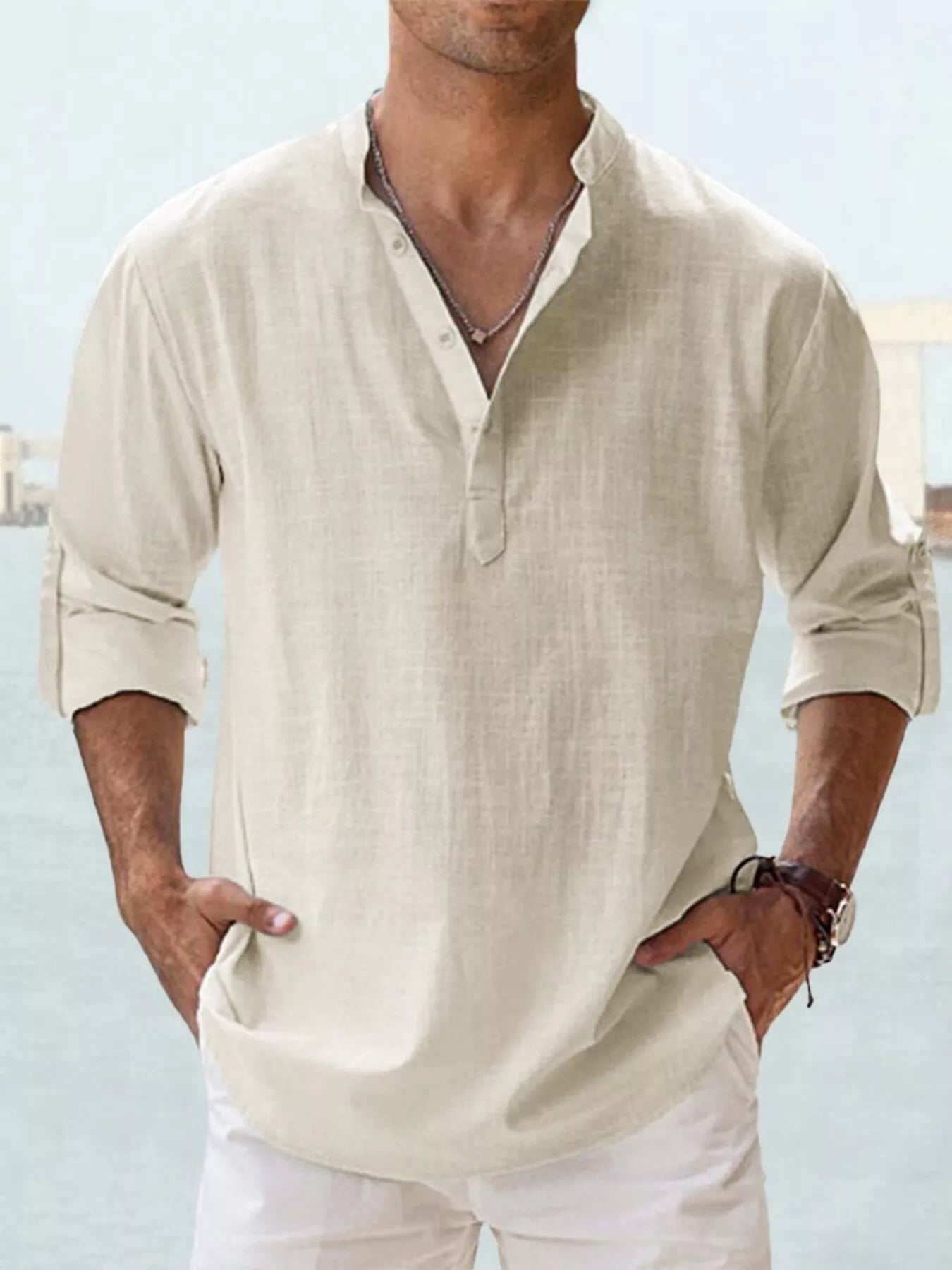 Men's Full Size Casual Button Detail Roll-Up Sleeve Blouse Plus Size | Tampa Bay Discounts